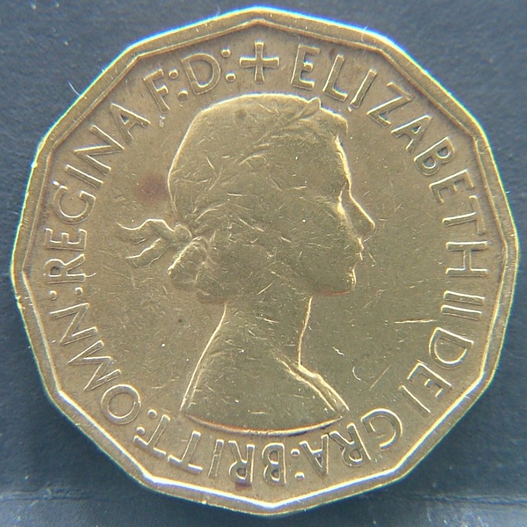 Front side of Great Britain 3 Pence 1953 coin