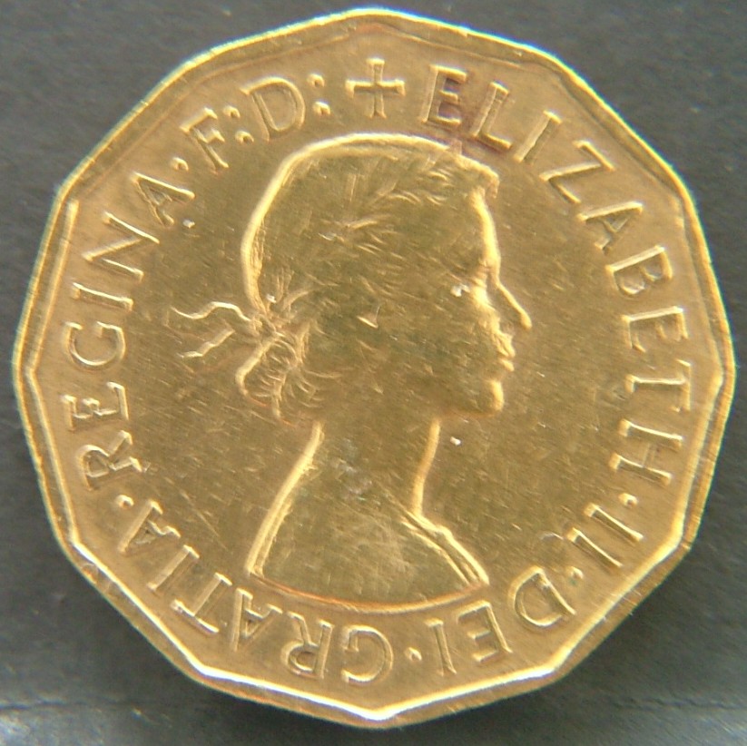 Front side of Great Britain 3 Pence 1955 coin