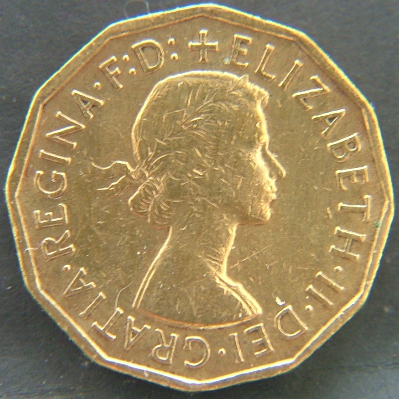 Front side of Great Britain 3 Pence 1956 coin