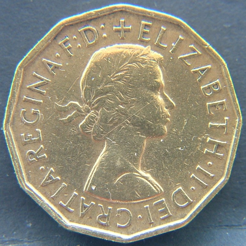Front side of Great Britain 3 Pence 1958 coin