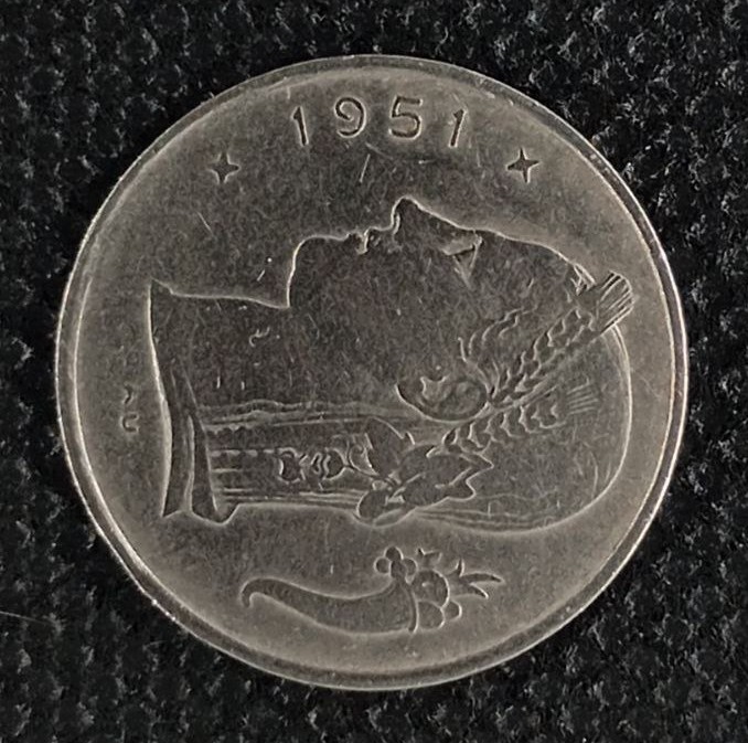 Back side of Belgium 1 Franc "Belgique'' 1951 coin