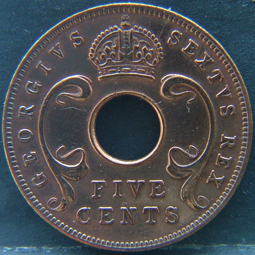 Front side of 🌍 East Africa (British) — Coins from the Colonial Crossroads of the Continent 5 Cents 1949 coin