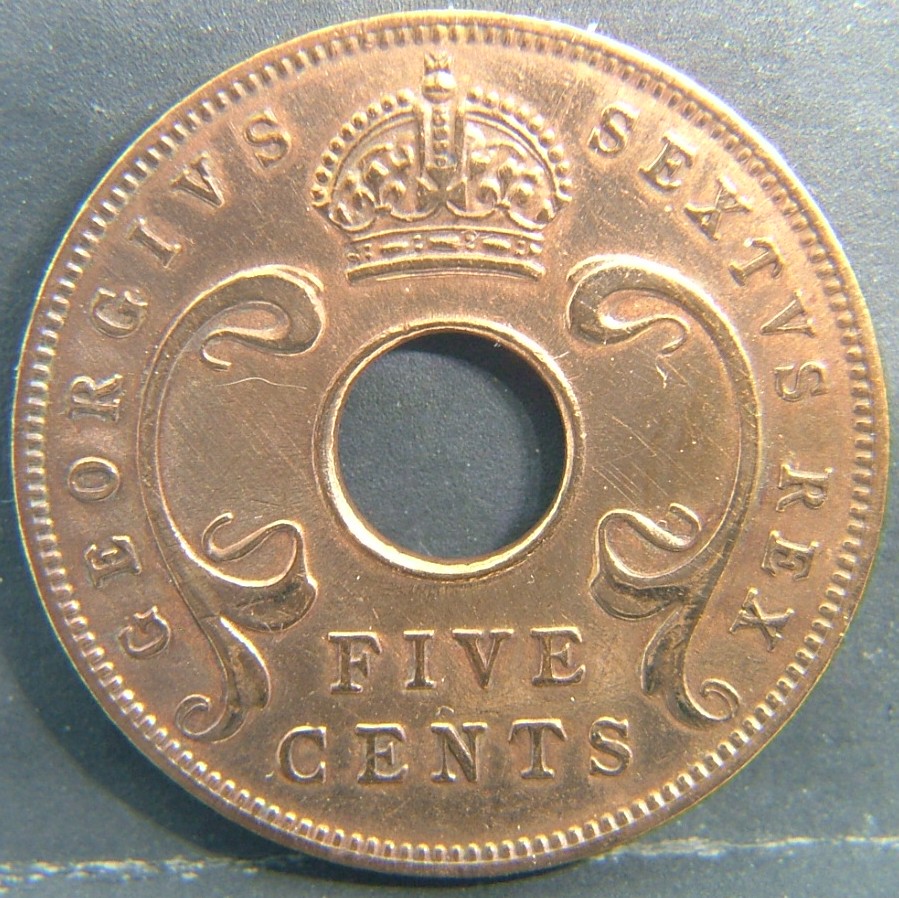 Back side of 🌍 East Africa (British) — Coins from the Colonial Crossroads of the Continent 5 Cents  1949 object