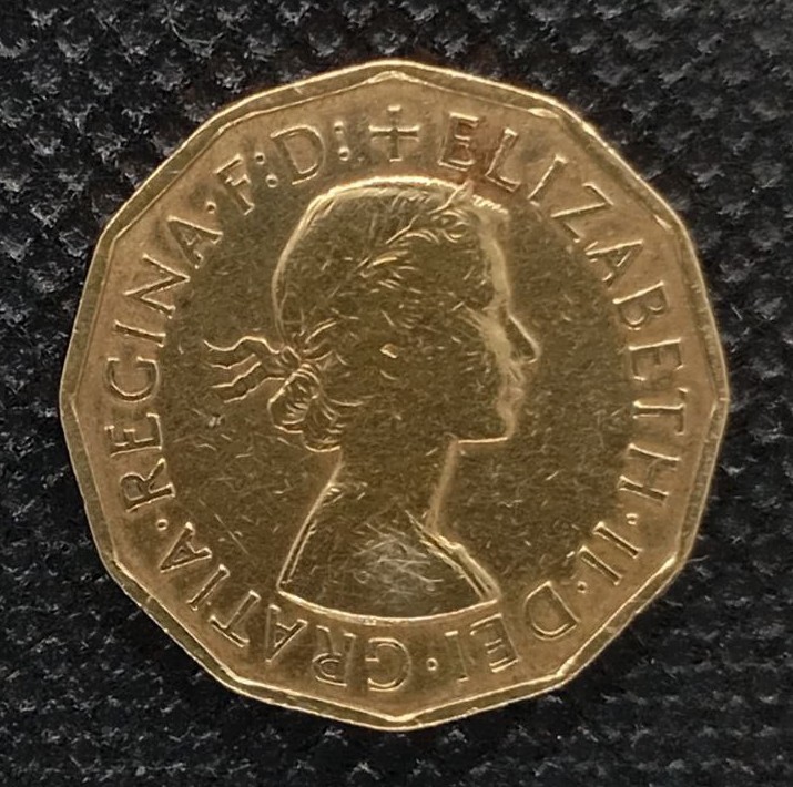 Back side of Great Britain 3 Pence 1955 coin