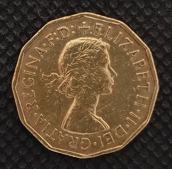 Front side of Great Britain 3 Pence 1956 coin