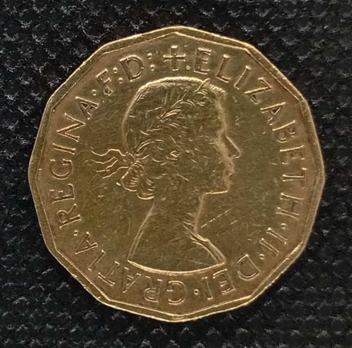 Back side of Great Britain 3 Pence 1956 coin