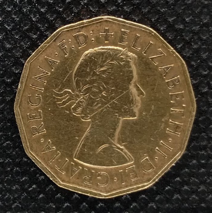 Back side of Great Britain 3 Pence 1958 coin