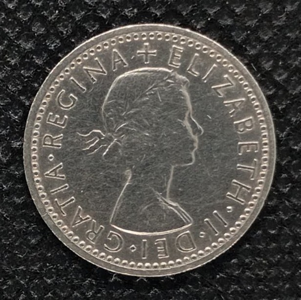 Back side of Great Britain 6 Pence 1957 coin