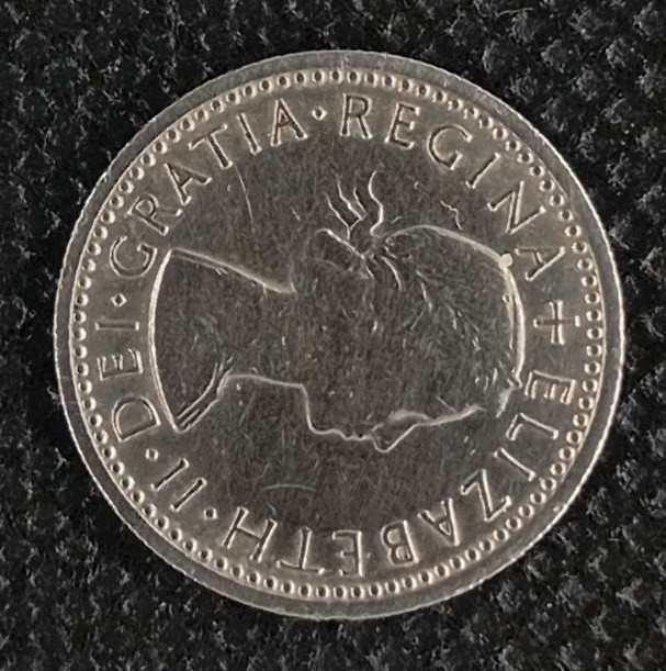 Back side of Great Britain 6 Pence 1964 coin