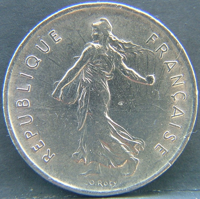Front side of France 5 Franks 1971 coin