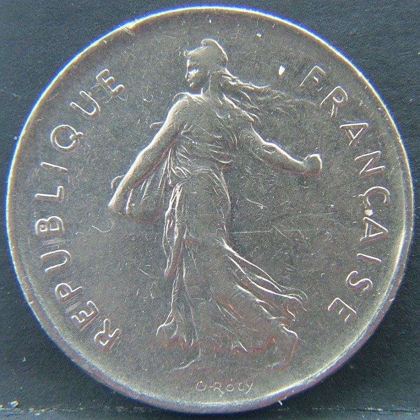Front side of France 5 Franks 1972 coin