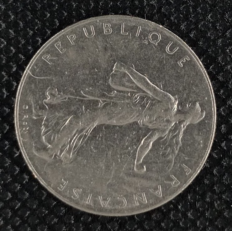 Back side of France 1 Frank 1985 coin