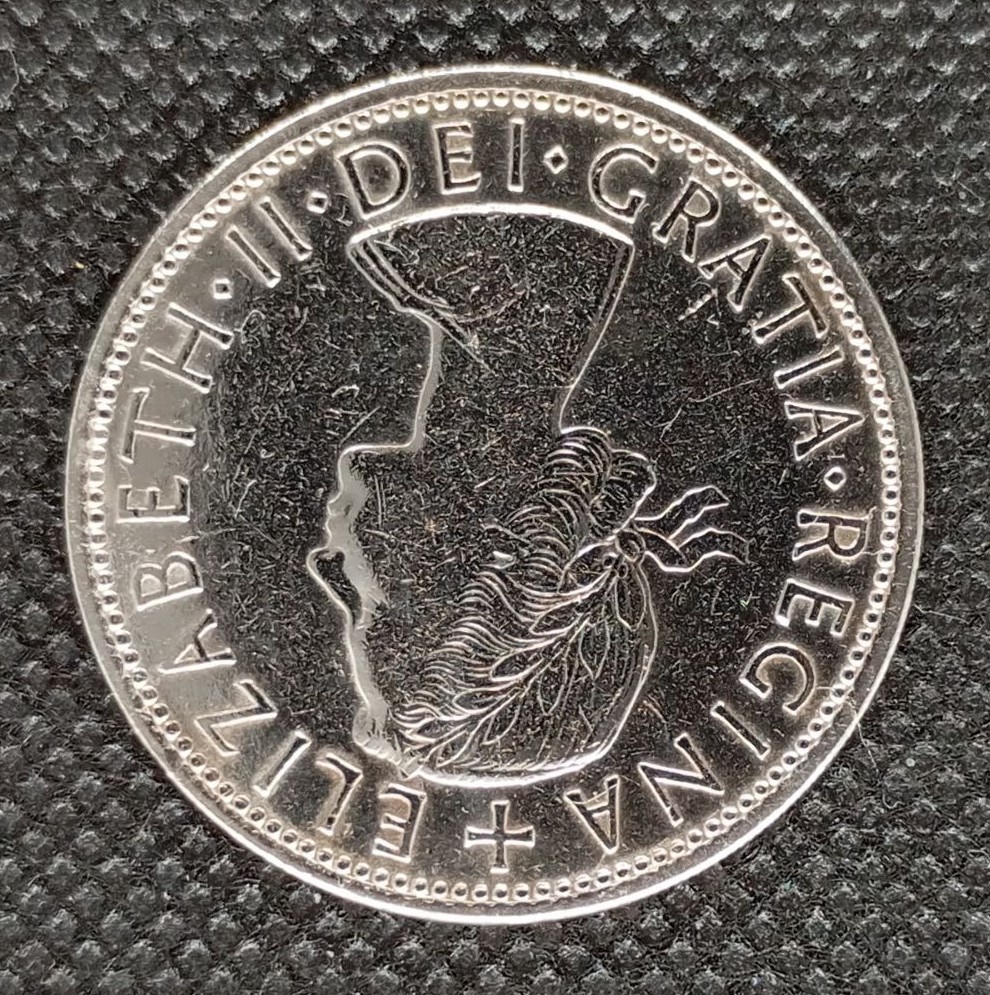 Front side of Great Britain 1/2 Crown 1955 coin