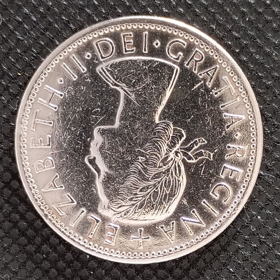 Back side of Great Britain 1/2 Crown 1955 coin