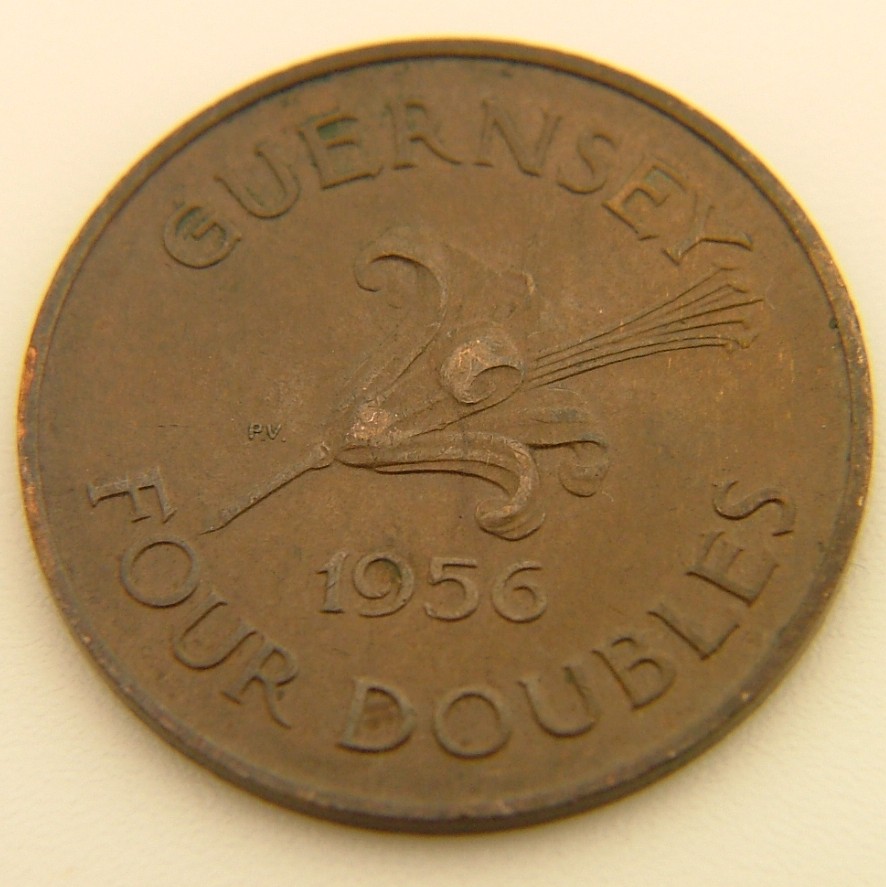 Back side of Guernsey 4 Dubles 1956 coin