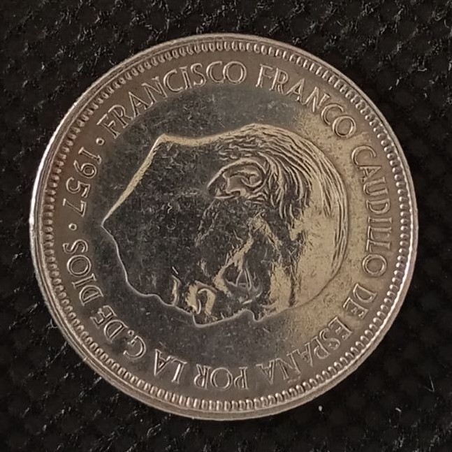 Front side of Spain 5 Pesetas "65" 1957 coin