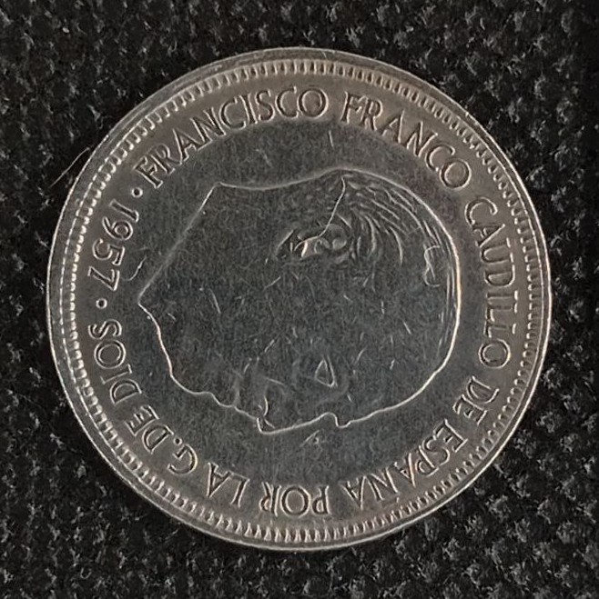 Back side of Spain 5 Pesetas "65" 1957 coin