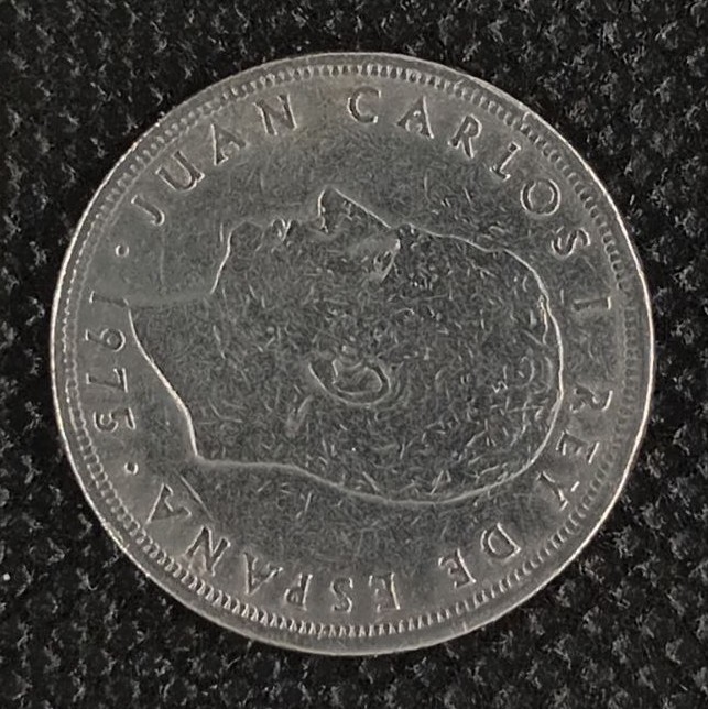 Back side of Spain 5 Pesetas "77" 1975 coin