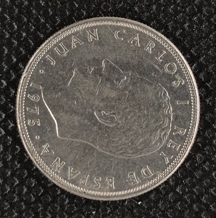 Back side of Spain 5 Pesetas "78" 1975 coin