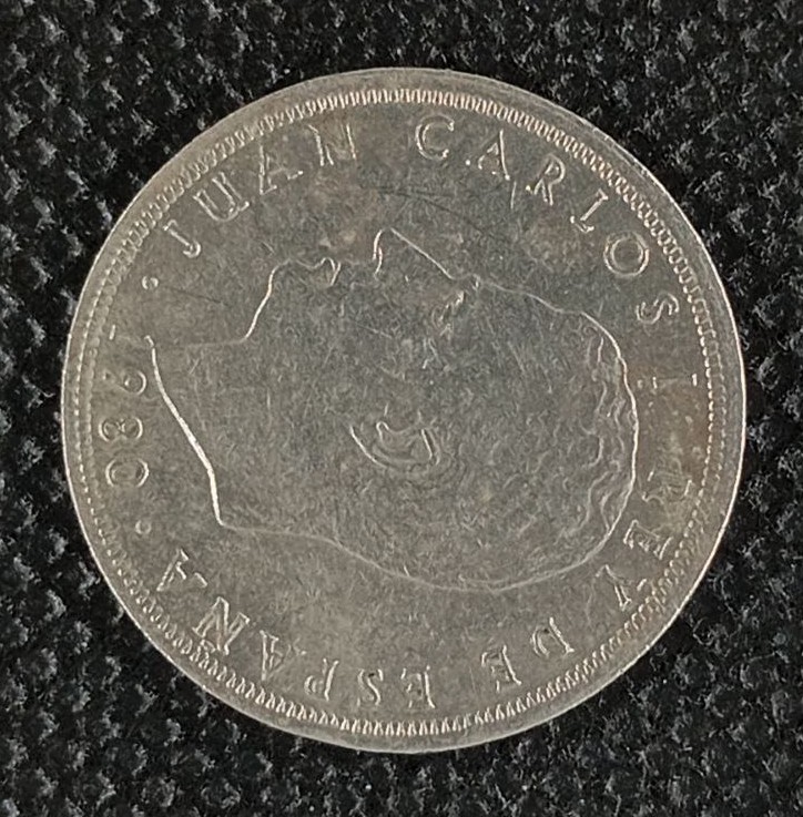 Back side of Spain 5 Pesetas "81" 1980 coin