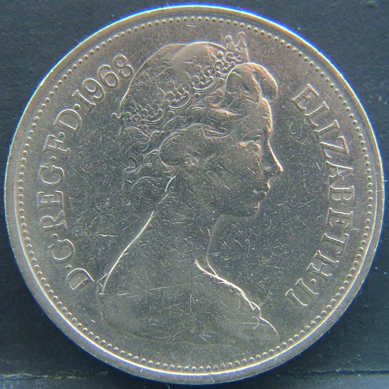 Front side of 🇬🇧 United Kingdom – Monarchs and Milestones 10 Pence 1968 coin