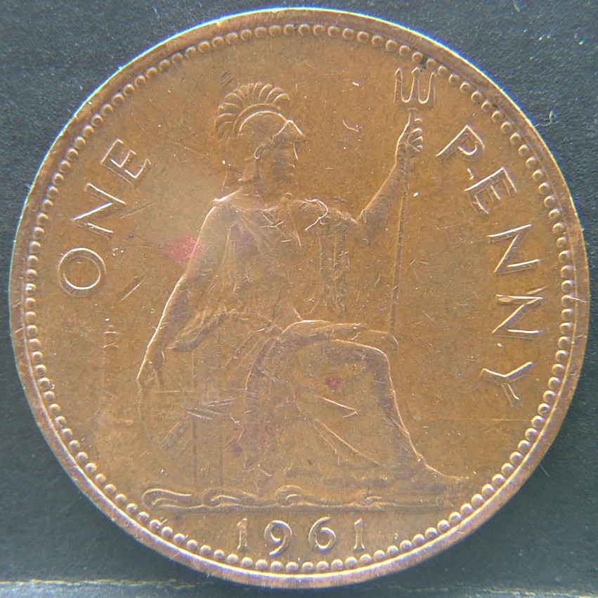 Front side of 🇬🇧 United Kingdom – Monarchs and Milestones 1 Penny 1961 coin